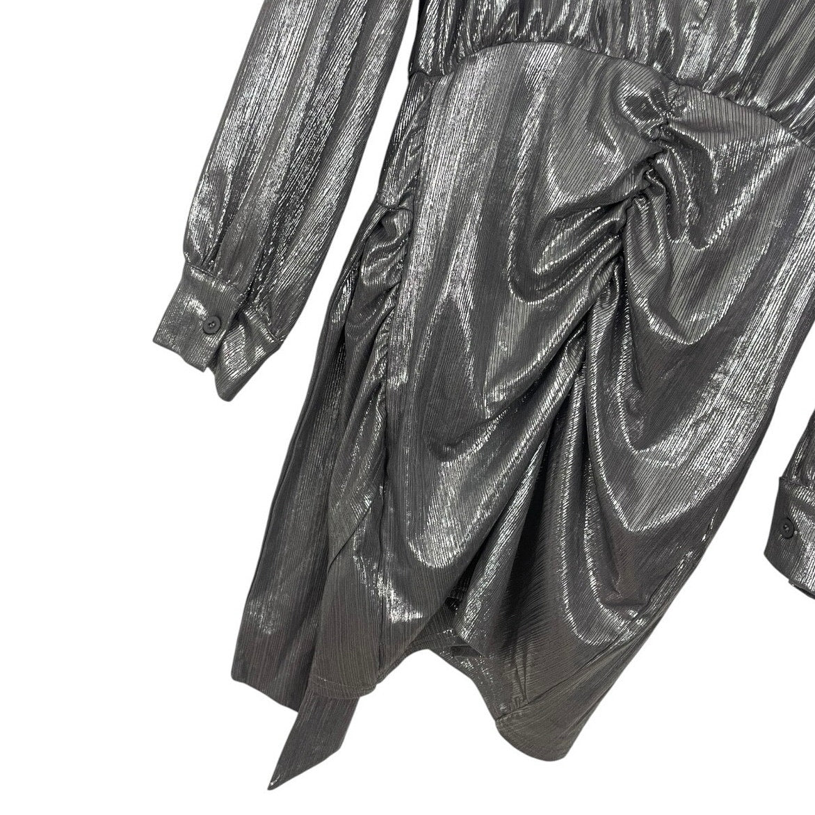 Silver Metallic Draped Long Sleeve Plunge Neck Mini Dress