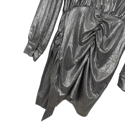 Silver Metallic Draped Long Sleeve Plunge Neck Mini Dress