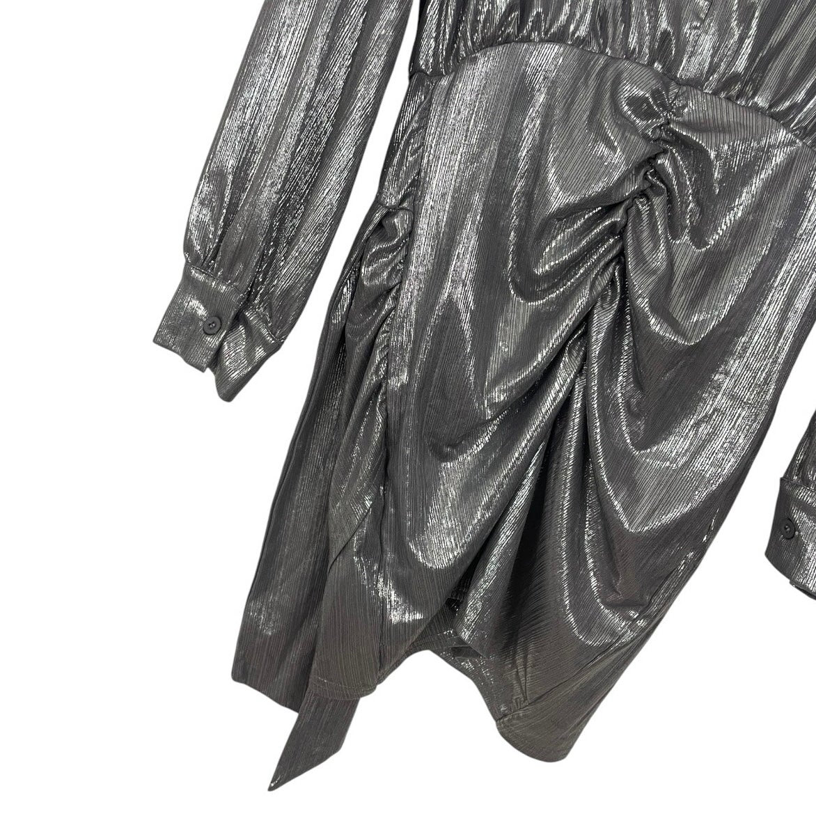 Silver Metallic Draped Long Sleeve Plunge Neck Mini Dress