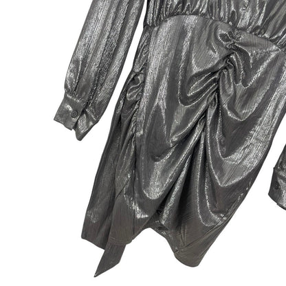 Silver Metallic Draped Long Sleeve Plunge Neck Mini Dress