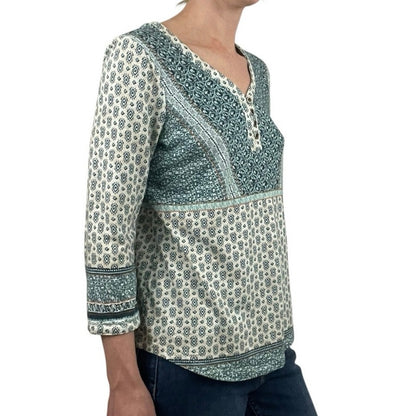 Orvis Blue & Cream Boho Quarter Sleeve Top