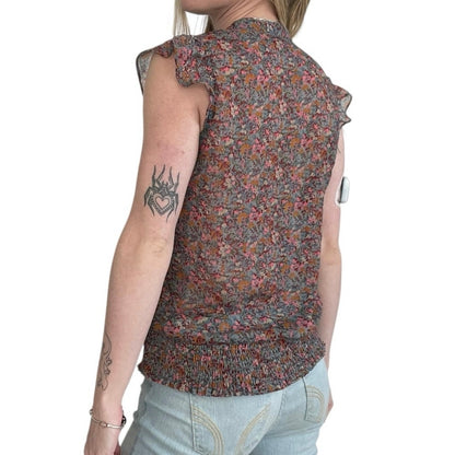 dmbm Sheer Floral V-Neck Ruffled Blouse