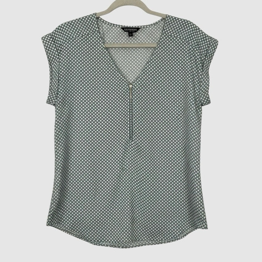 Express Grey & White Polka Dot Quarter Zip V-Neck Cuffed Sleeve Blouse