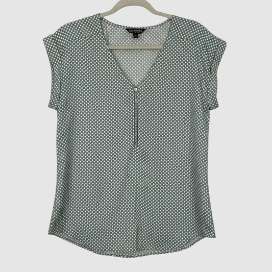 Express Grey & White Polka Dot Quarter Zip V-Neck Cuffed Sleeve Blouse