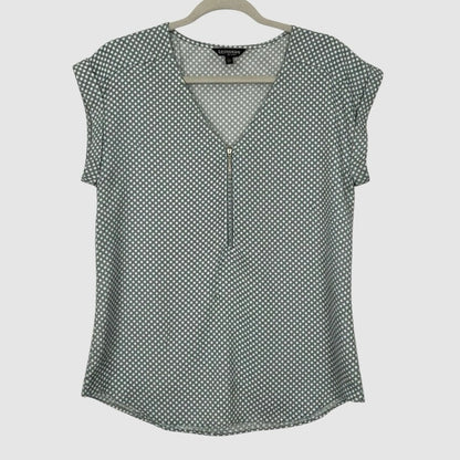 NWT Express Grey & White Polka Dot Quarter Zip V-Neck Cuffed Sleeve Blouse