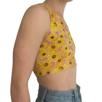 Yellow & Pink Sunflower One Shoulder Cropped Top