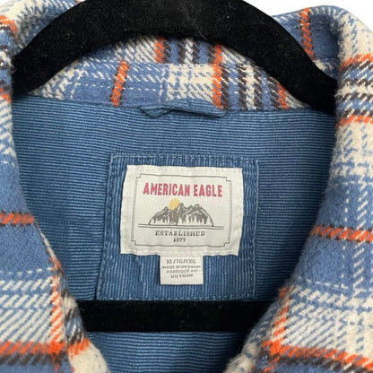 American Eagle Mens Blue & Orange Plaid Thick Button Down Shirt