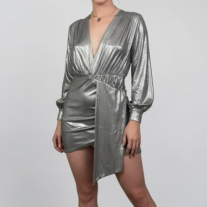 Silver Metallic Draped Long Sleeve Plunge Neck Mini Dress