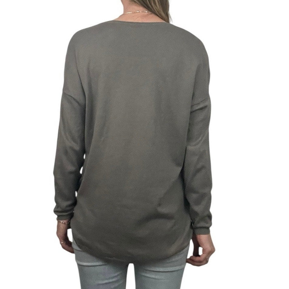 Jarbo Grey Long Sleeve V-Neck Silk & Cashmere Knit Top