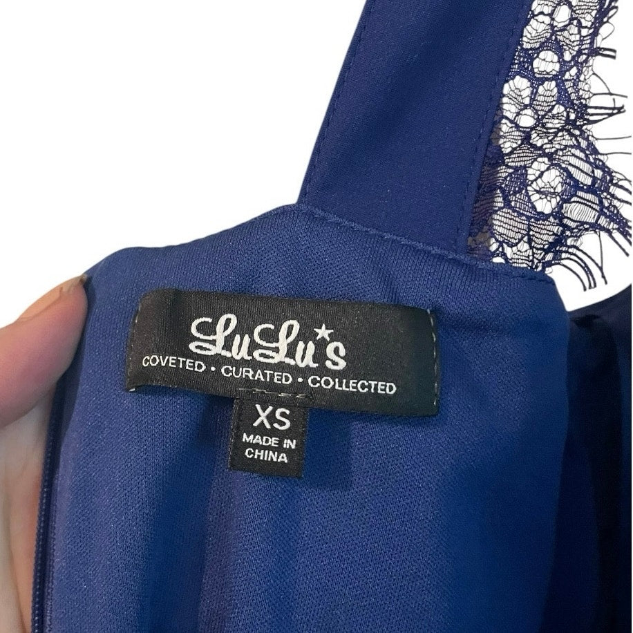 Lulu's Blue Lace Trim Open Back Halter Mini Dress