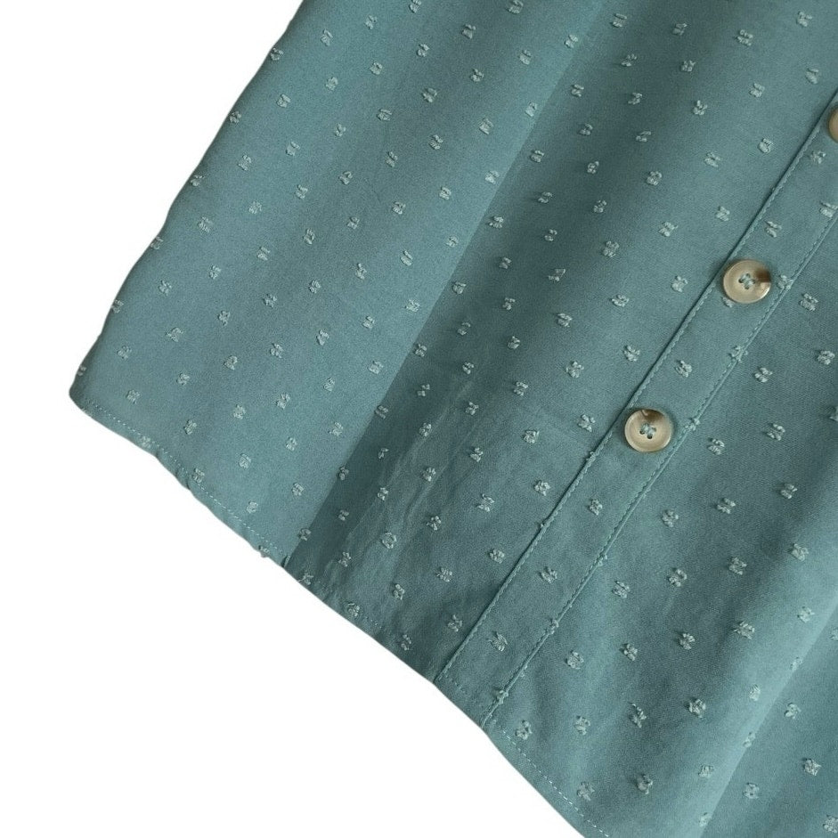Sheer Teal Swiss Dot Short Sleeve Lace Trim Blouse