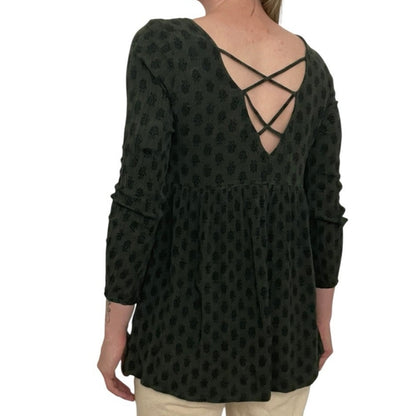 Forever 21 Green Boho Print A-Line Long Sleeve Open Cross Back Blouse