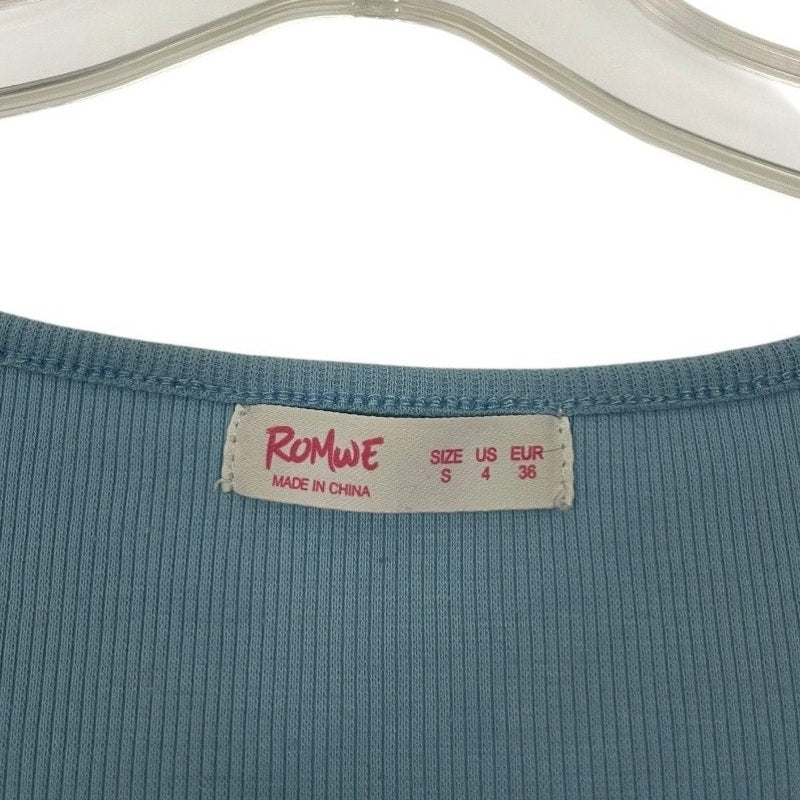 Romwe Blue Ribbed Tie Front Cropped Short Sleeve V-Neck Top