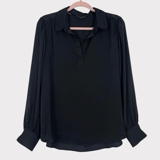 Banana Republic Silky Black Long Sleeve V-Neck Collared Blouse