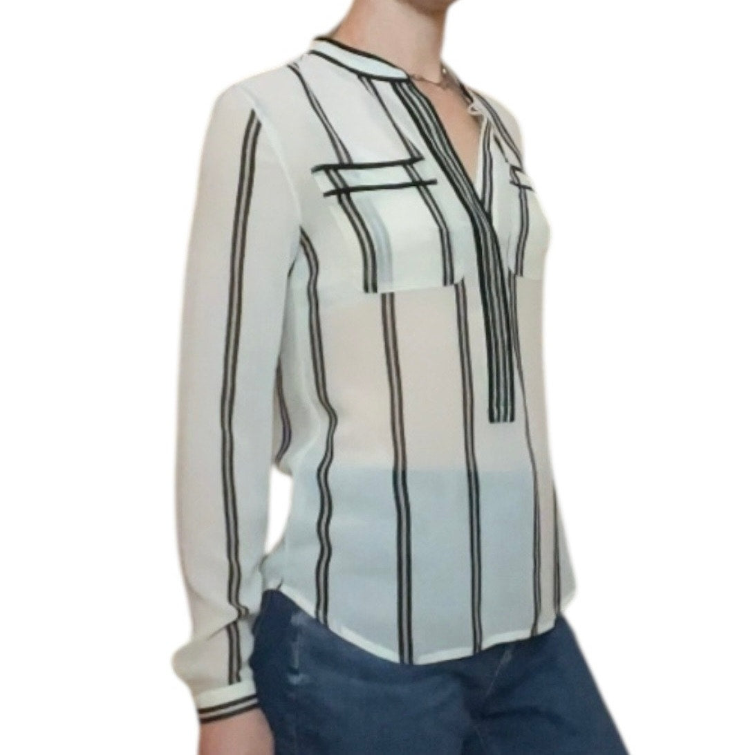 LOFT Sheer Black & White Striped Long Sleeve V-Neck Blouse