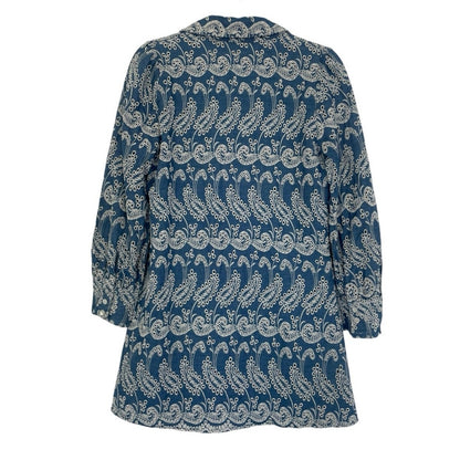 Zara Blue Boho Eyelet Embroidered Button Down Tunic Blouse