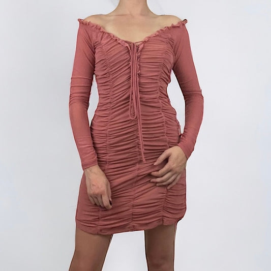 Majorelle Pink Off the Shoulder Long Sleeve Ruched Mini Dress