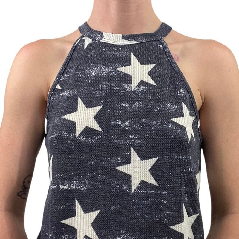 Yahada Soft Knit Navy Blue and White Star Print Tank Top Blouse