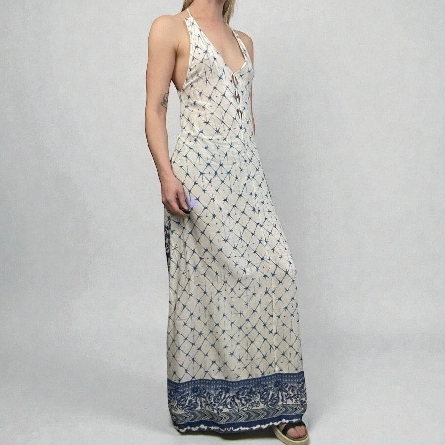 Desigual White & Blue Boho Halter Cross Open Back Side Slit Maxi Dress
