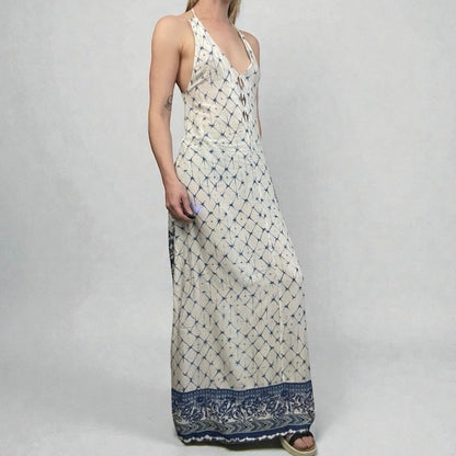 Desigual White & Blue Boho Halter Cross Open Back Side Slit Maxi Dress