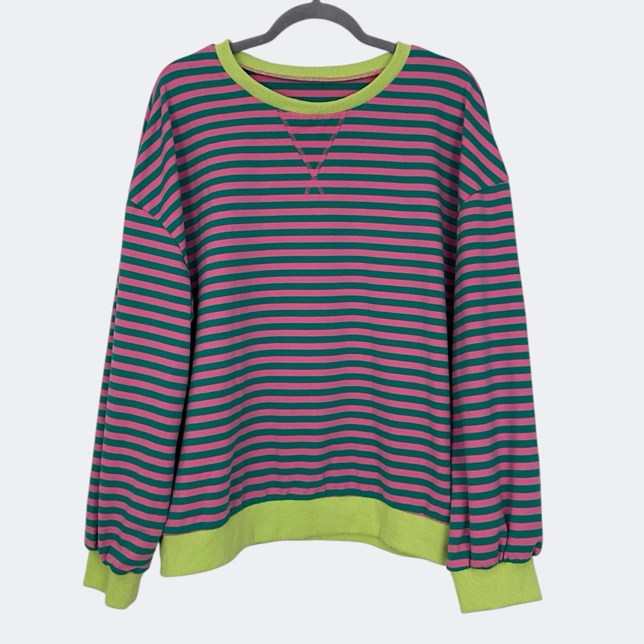 Vibrant Pink & Green Striped Sweatshirt