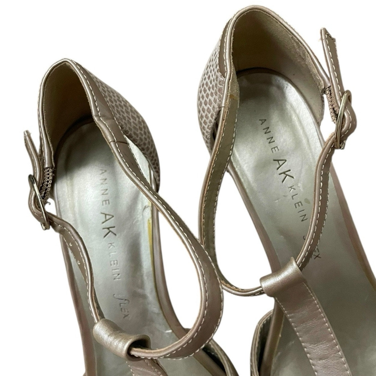 AK Anne Klein Beige Strappy Open Toe Faux Leather Stiletto Heels