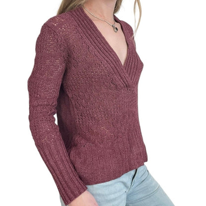 Acxess Maroon Sheer Loose Boho Knit V-Neck Ribbed Sweater