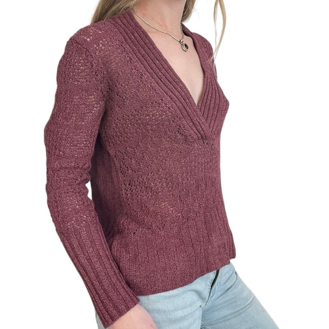 Axcess Maroon Sheer Boho Loose Knit V-Neck Ribbed Sweater