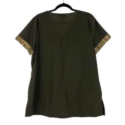 Dana Buchman Green & Gold Sequin Short Sleeve V-Neck Blouse