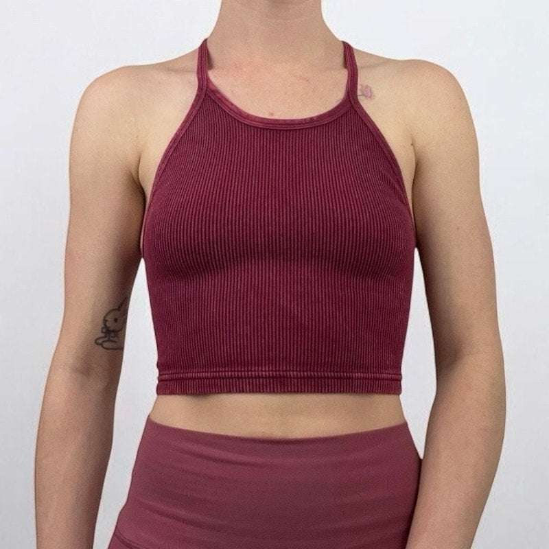 Free People Movement Maroon Ribbed Cropped Active Top