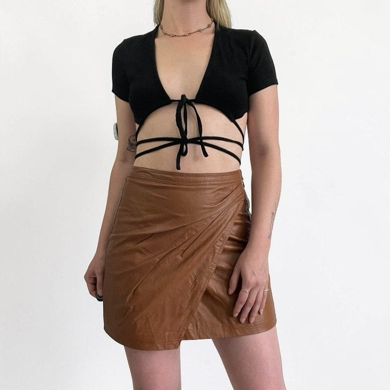 Free People Brown Faux Leather Wrap Mini Skirt