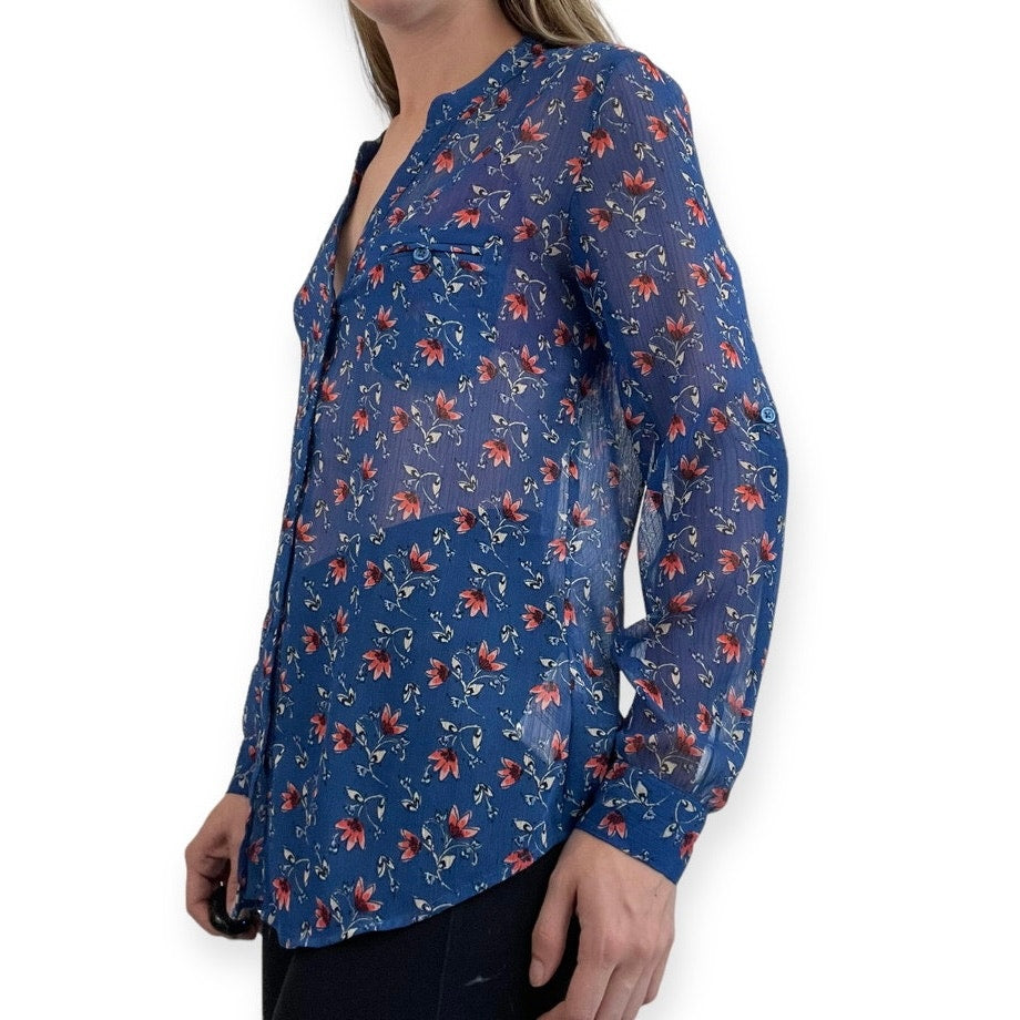 Kut From The Kloth Sheer Blue Floral Long Sleeve Button Down Blouse