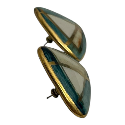Vintage Teal & Gold Triangle Geometric Stud Earrings