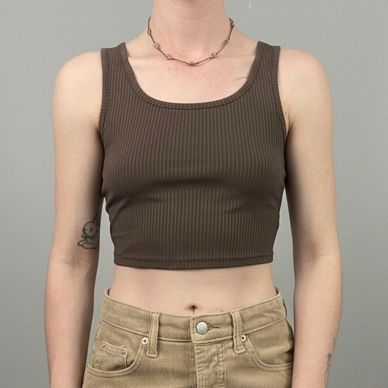 Brown Ribbed Cropped Tank Top