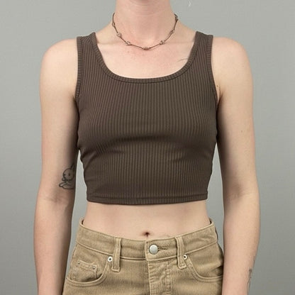 Brown Ribbed Cropped Tank Top