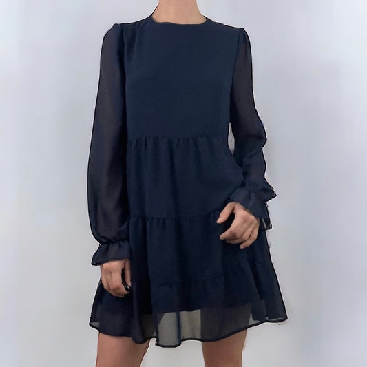 Altar’d State Navy Blue Ruffled Long Sleeve Mini Dress