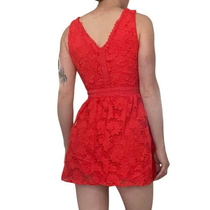 Soieblu Vibrant Coral Floral Lace A-Line V-Neck Mini Dress