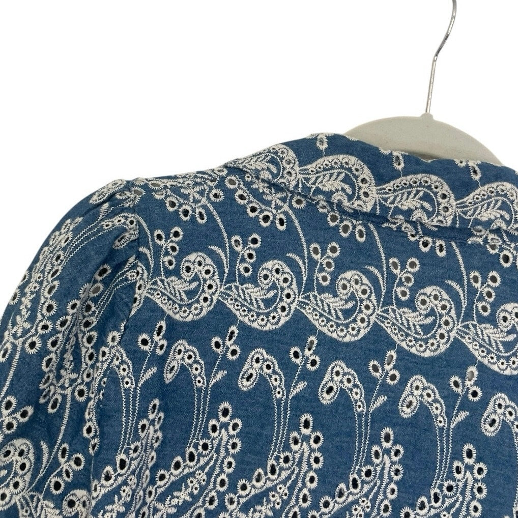 Zara Blue Boho Eyelet Embroidered Button Down Tunic Blouse