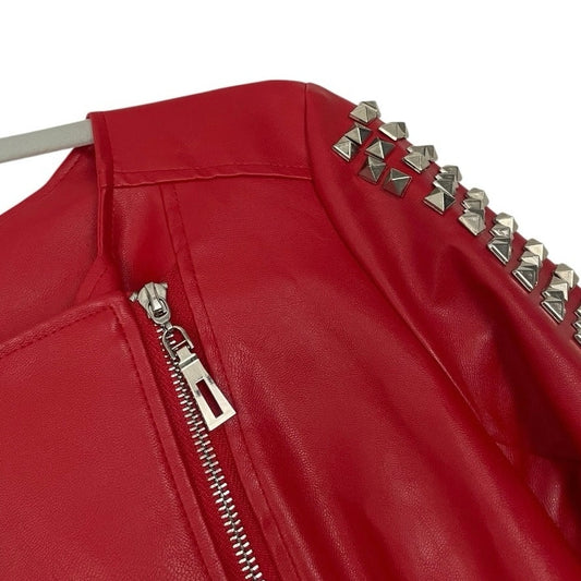 My Boo Red Faux Leather Studded Moto Jacket