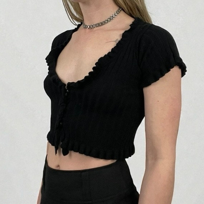 Better Be Black Ribbed Cropped Button Down Ruffled Short Sleeve Top