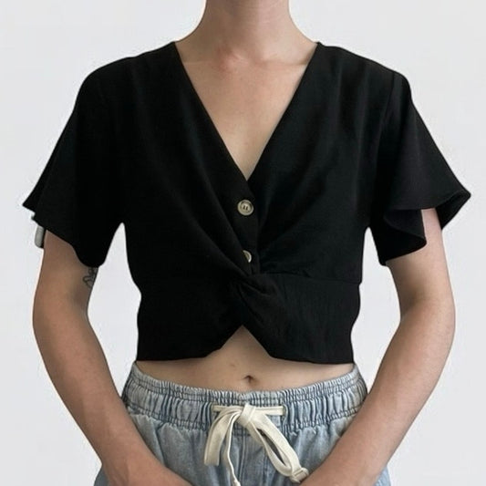 Timing Black Cropped Button Down Short Sleeve Blouse