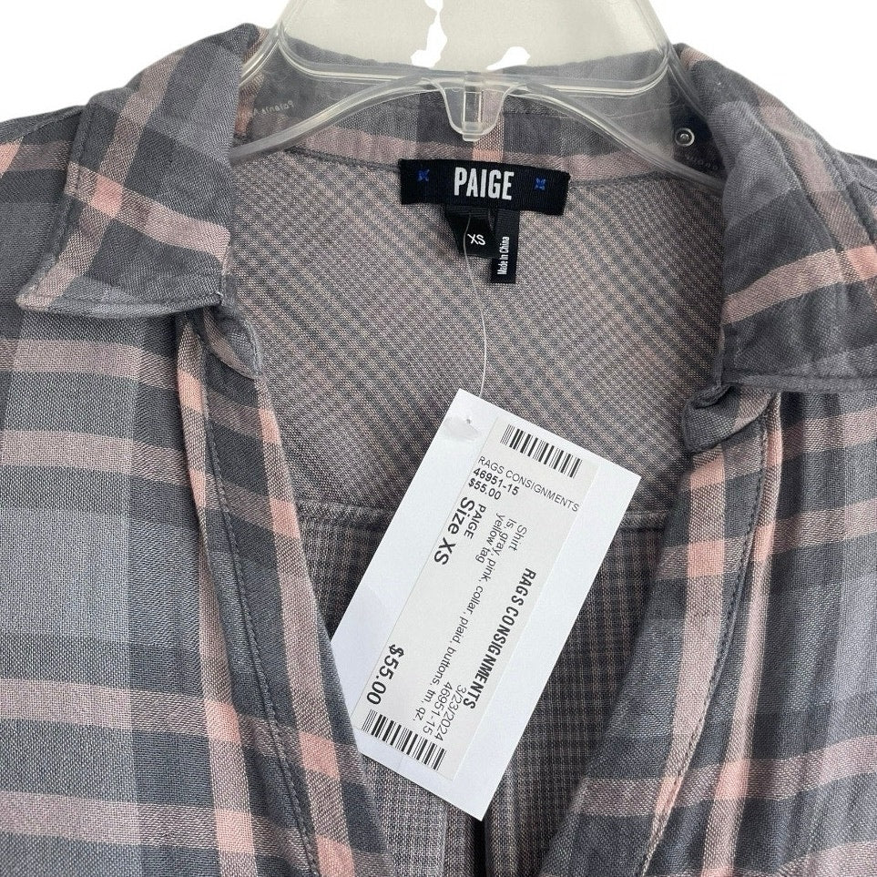 NWT Paige Grey and Pink Plaid Button Down Long Sleeve Top