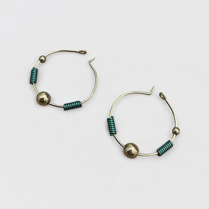 Vintage Gold & Green Beaded Hoop Earrings