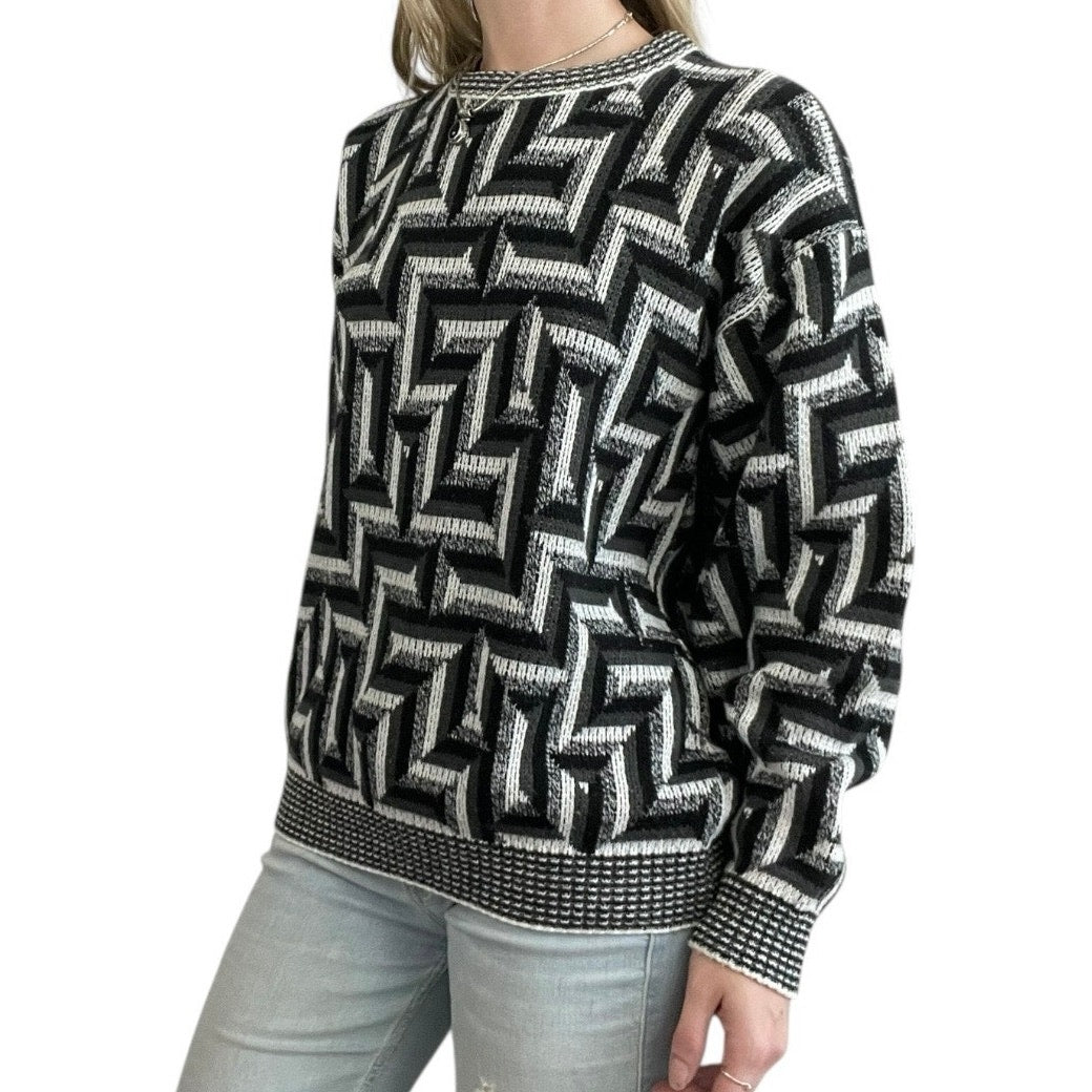 AREA Vintage Black & Grey Geometric Knit Crewneck Sweater