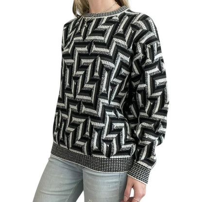 AREA Vintage Black & Grey Geometric Knit Crewneck Sweater