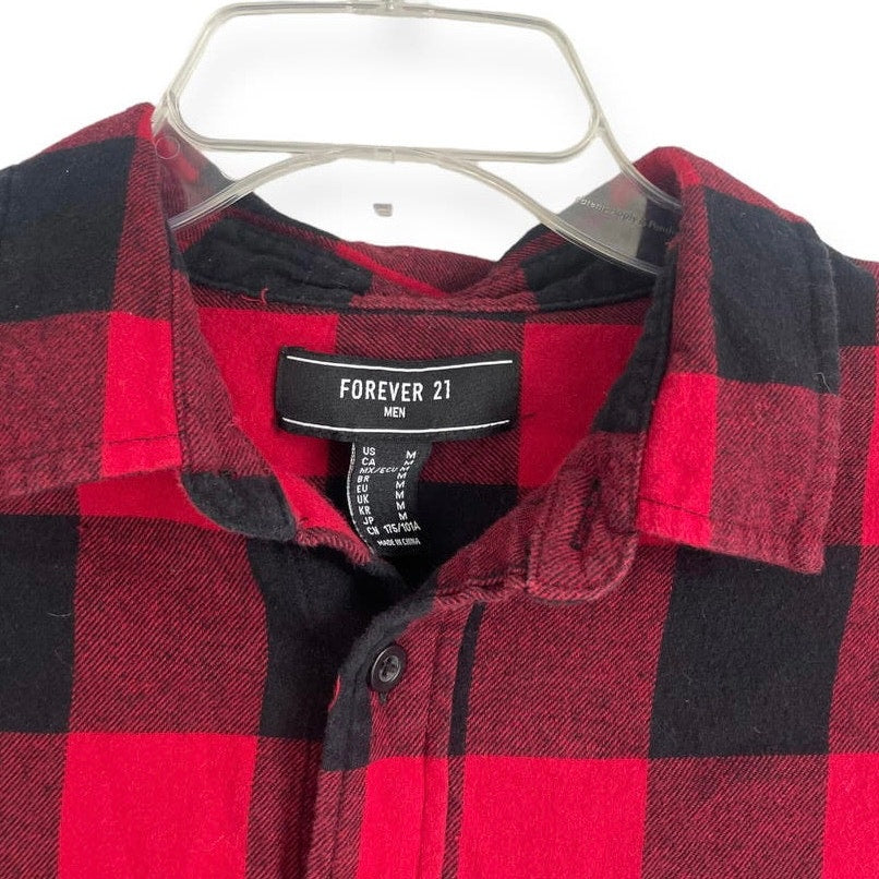 Forever 21 Mens Red and Black Plaid Long Sleeve Button Down Shirt