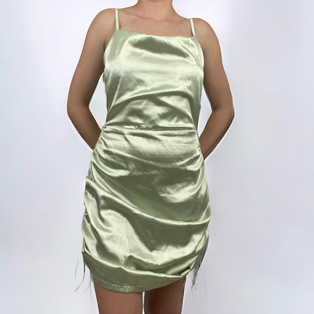 Silky Light Green Cowl Neck Cinched Lace Up Sides Mini Dress