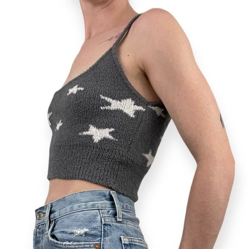 Nue Garage Soft Knit Fluffy Grey Star Cropped Tank Top