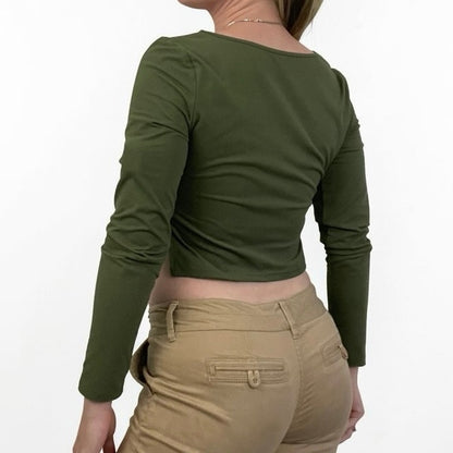Trendy Queen Olive Green Ruched Sweetheart Neck Long Sleeve Cropped Blouse