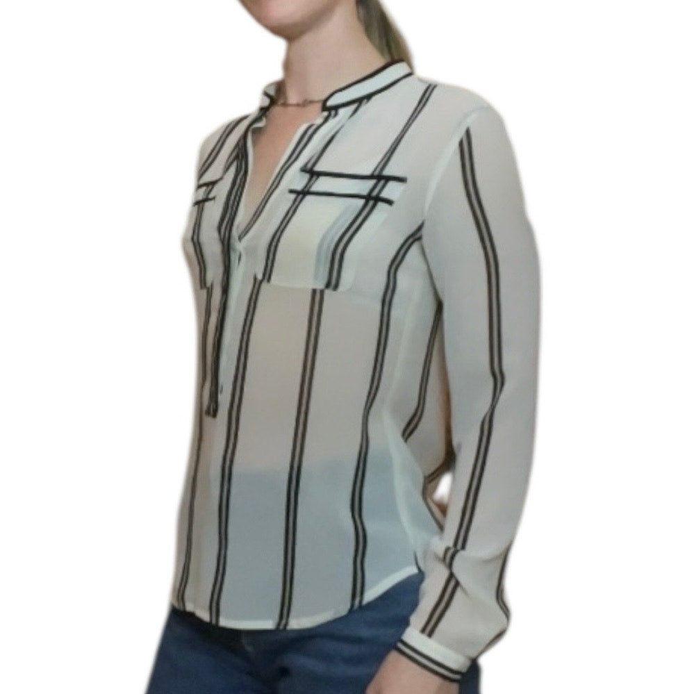 LOFT Sheer Black & White Striped Long Sleeve V-Neck Blouse